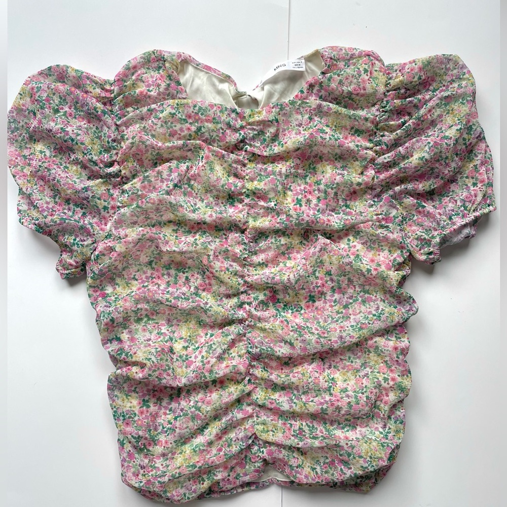 mango ruched medium Floral Pink Women's Top - Picture 6 of 7